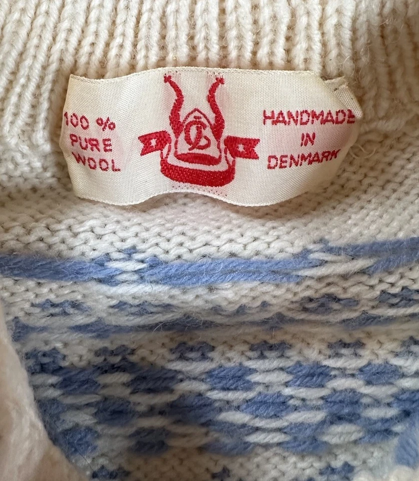 Cárdigan abotonado de lana hecho a mano vintage de Dinamarca para mujer talla M azul blanco B7 Foto 3 de 4