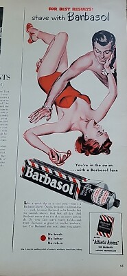 1945 Barbasol Shaving Cream redhead Red Swimsuit Romantic Vintage Ad