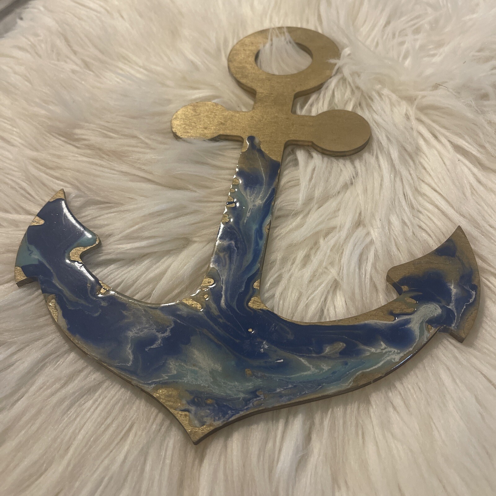 Nautical Anchor Wall Decor Wood Epoxy Resin 11.5” X 8.75” Gold Blue White Teal-image