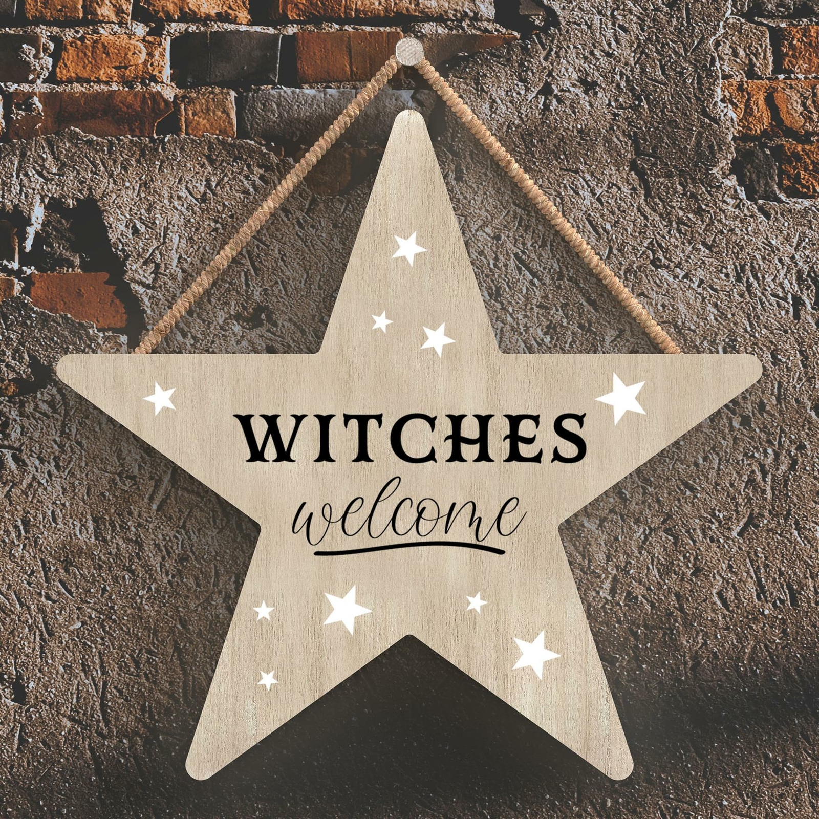 WITCHES WELCOME STAR SHAPED WITCHCRAFT THEMED HALLOWEEN WOODEN HANGING PLAQUE