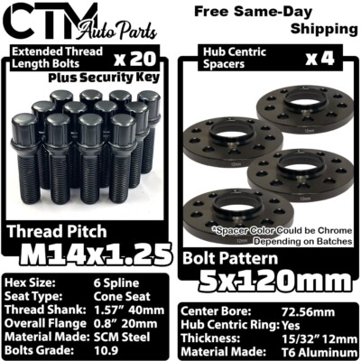 4x 12mm Thick 5x120 72.56mm C.B Wheel Spacer + Black Spline Bolt 14x1.25 Fit BMW