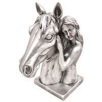 Pferdekopf Mit MäDchen Ca. 32 X 16 X 26 Cm In Antiksilber BüSte Mit Sockel