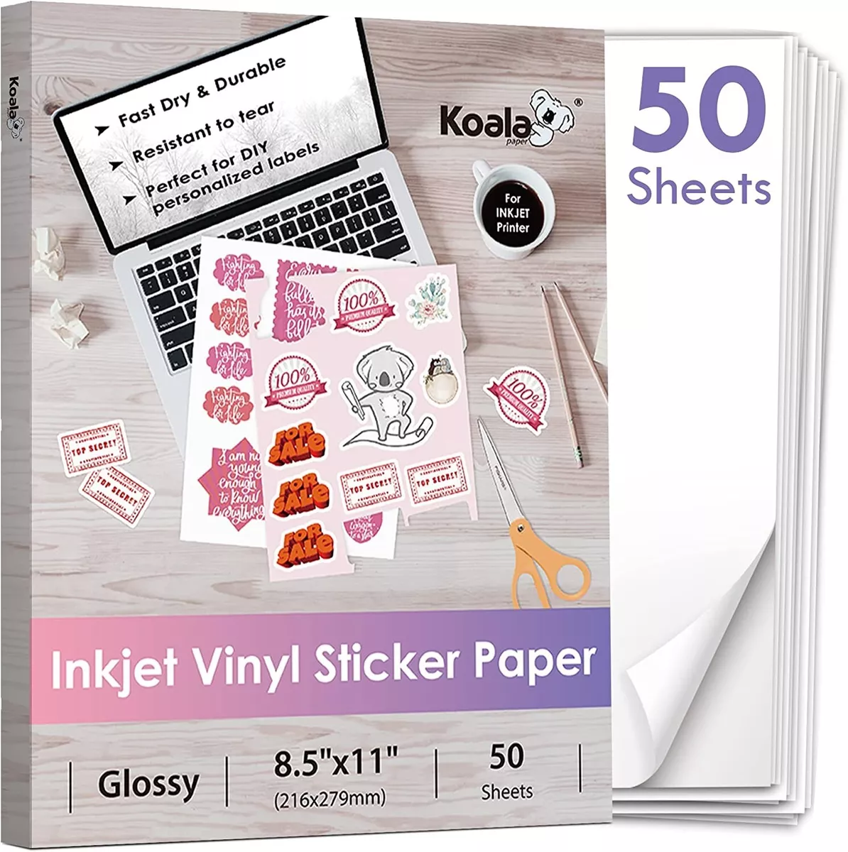 Printable Vinyl Sticker Paper For Laser Printer - Glossy White - 50 Self-Adhesive  Sheets - Waterproof Decal Paper - Standard Letter Size 8.5X11 