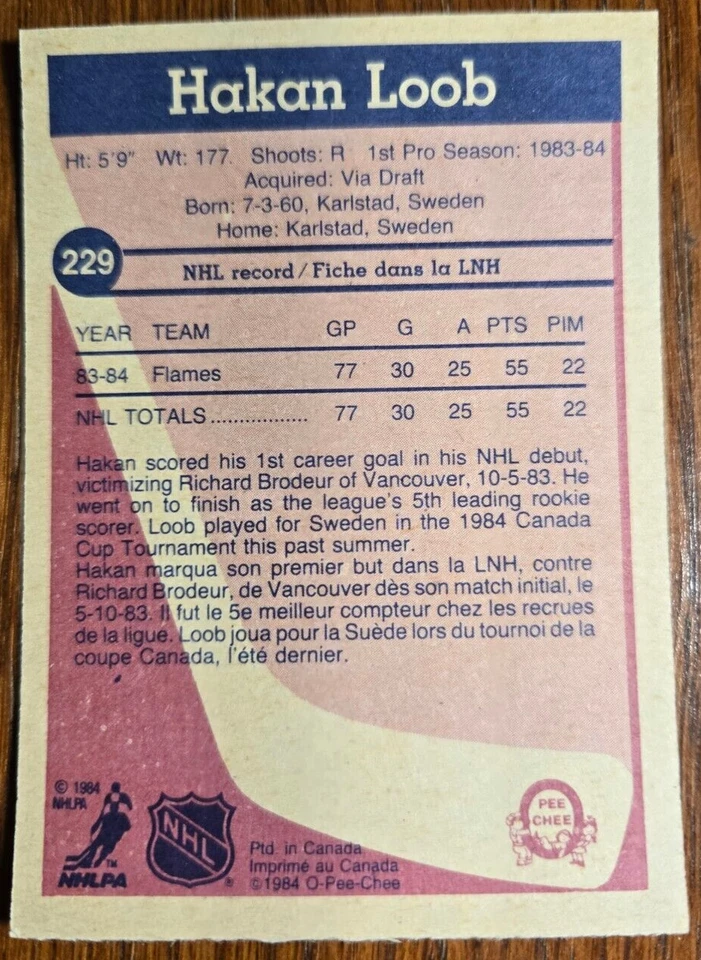 1984-85 O-Pee-Chee Hakan Loob Rookie Card RC #229 Calgary Flames Mint - Image 2 of 2
