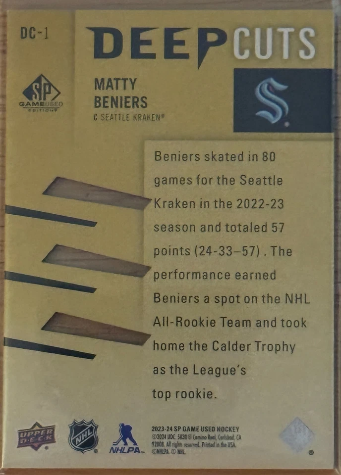 2023-24 SP Game Used Deep Cuts Matty Beniers Gold #DC-1 126/250 Seattle Kraken - Image 2 of 2