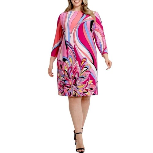 NWT London Times Swirl 3/4 Length Sleeve Shift Dress Pink Print Plus Size 1X - 第 1/12 張圖片