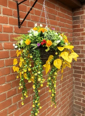 MARIE JAYNES GIFTS Hanging Basket With Artificial Chrysanthemums, Trailing Leaves and Greenery.