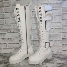 Dolls Kill Current Mood Obsidian Pocket Combat Boots Size 6 White Reflective NEW
