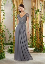 MGNY by Morilee Charcoal Gray Beaded Chantilly Lace Chiffon Dress Size 20 $539