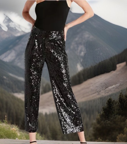 EXPRESS BLACK HIGH WAISTED SEQUINS PLEATED CROPPED TROUSERS SIZE S NEW WITH TAGS - Picture 1 of 9