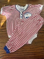 Vintage Small Steps Baseball Bear Outfit Set 24M Red White Striped Baby VTG