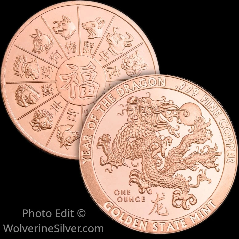 1 Oz. Solid .999 Fine Copper Round - Year of the Dragon - Golden State Mint