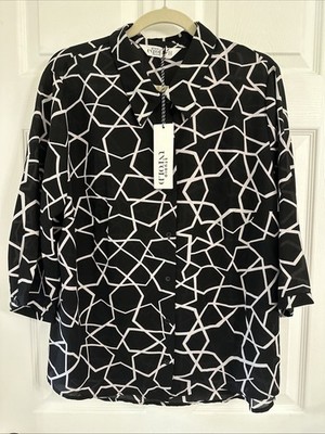 Studio Untold Ulla Popken Black White Stars 3/4 Sleeve Blouse Sz 18 NWT
