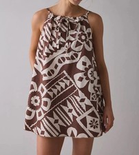 DBG x Urban Outfitters Eva Tie-Front Ruched Strap Trapeze Mini Dress Brown Small