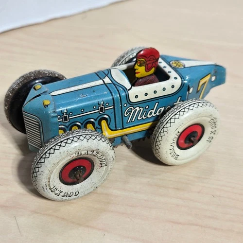 VTG 40s MARX TIN LITHOGRAPH WIND UP MIDGET SPECIAL TOY RACE CAR w DRIVER #7 Blue