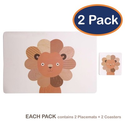 2er Pack Effy Löwe Neuheit Braun Tischset & Untersetzer Paar Kinder Kleinkind