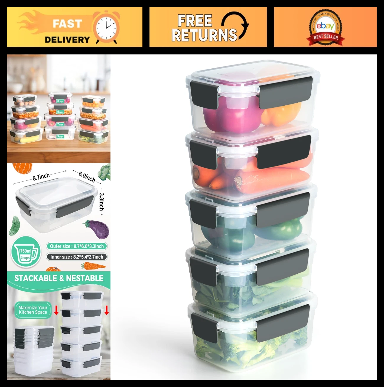 7-Cup Plastic Food Storage Containers with Lids - Nestable, Freezer & Dishwasher