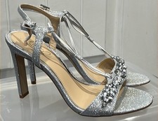 Silver Glitter High Heel Sandals Rhinestone Embellishment Sz 8 Prom Wedding EUC