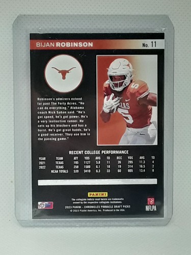 Bijan Robinson 2023 Chronicles Pinnacle Draft Picks - RC #11 - Texas Longhorns - Picture 2 of 2
