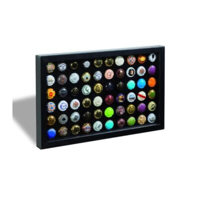 Finestra display case to present 60 champagne muzzles, beer capsules.