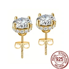 Women Gold Plated 925 Silver Filled Stud Earrings Cubic Zirconia Wedding Jewelry