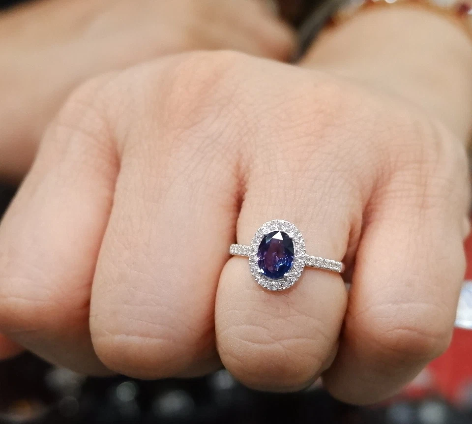 Bague diamant saphir violet naturel 1 ct or blanc 18 carats bijoux fins pour ... - Photo 4/4