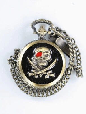 Quarz Herren Taschenuhr PIRAT Edelstahl Goldene Kette Fob 14" Schwerter Weiß - Bild 1 von 3