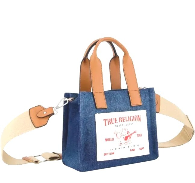 TRUE RELIGION TR Mini Denim Tote Bag Purse Crossbody Dark Denim