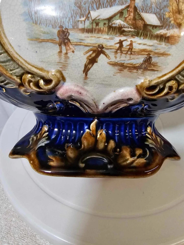 Vintage Kobaltblau Majolika Herzstück Korb Blumenpaar See Haus Bäume - LESEN - Bild 3 von 4