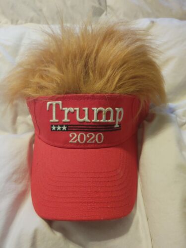 2020 President Donald TRUMP Red Trumpy Visor Hat w/Gold Hair Golf Cap Wig  - Picture 1 of 3