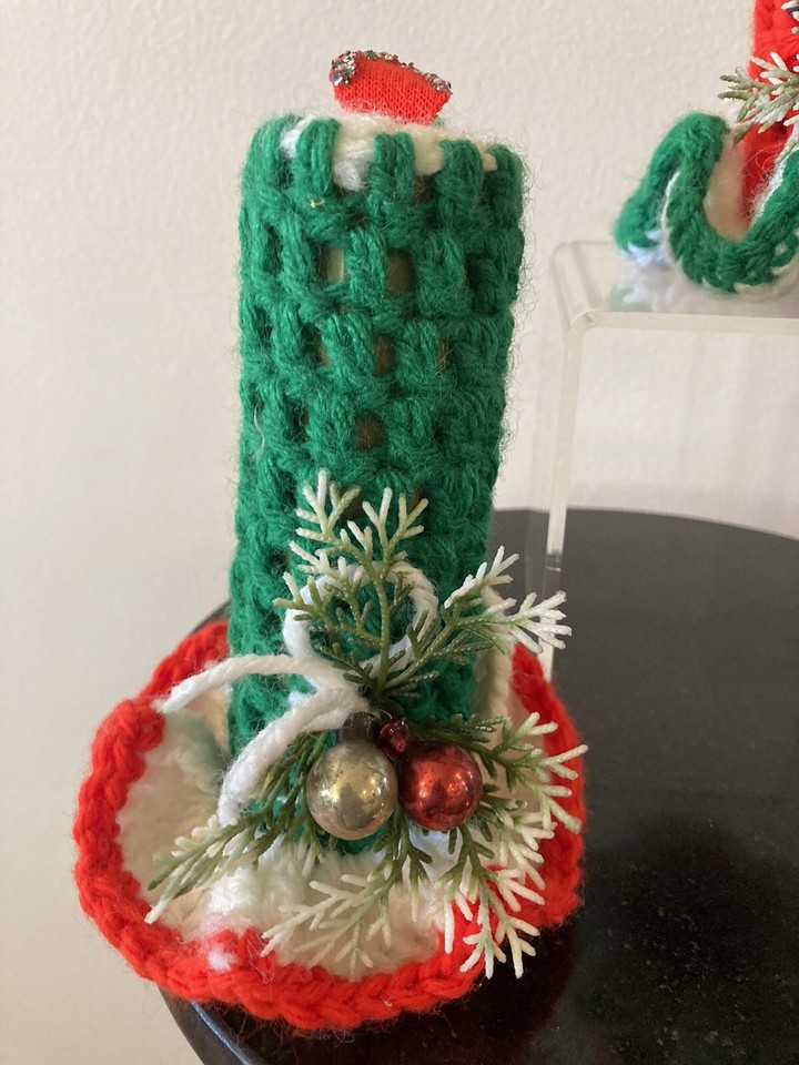 Vintage Homemade Crocheted Christmas Candle Stick Pair Grannycore eBay