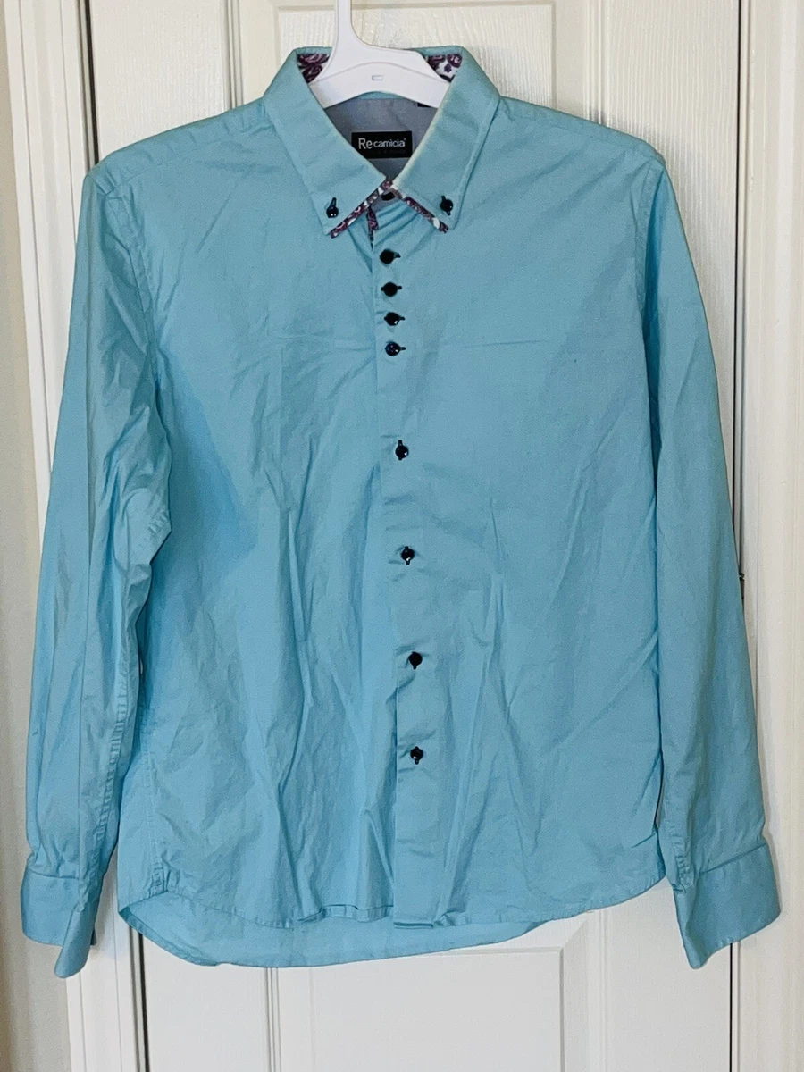Re Camicia Men s Light Blue Button up Shirt Size Large 97 Cotton 3 Elastane
