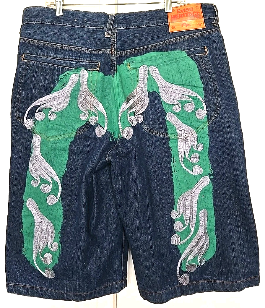 Evisu Shorts Jorts Men's 40 Denim Embroidered Baggy Y2K Hip Hop