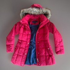 Tommy Hilfiger Women Red Quilted Hooded Faux Fur Trim Winter Coat Puffer Jacket