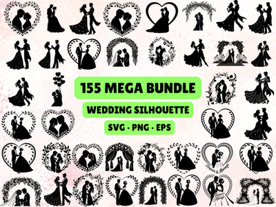 155 Wedding Couple SVG Bundle Bride Groom Silhouette PNG Romantic Laser Cut File