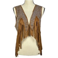 Gilet aperto Vocal ecopelle scamosciato frange bling cammello taglia S cowgirl western festival boho