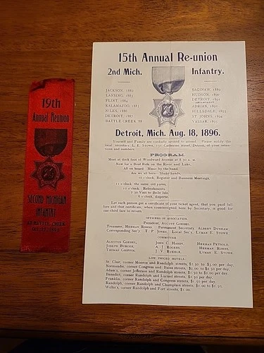 2nd MICH. INFANTRY REUNION RIBBON & BROADSIDE - 1896 DETROIT - 1898 BATTLE CREEK