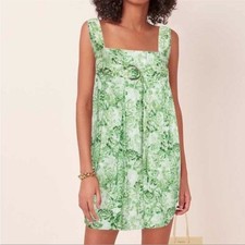 New Ganni Floral print Cotton poplin Mini Dress In Green Sz 32