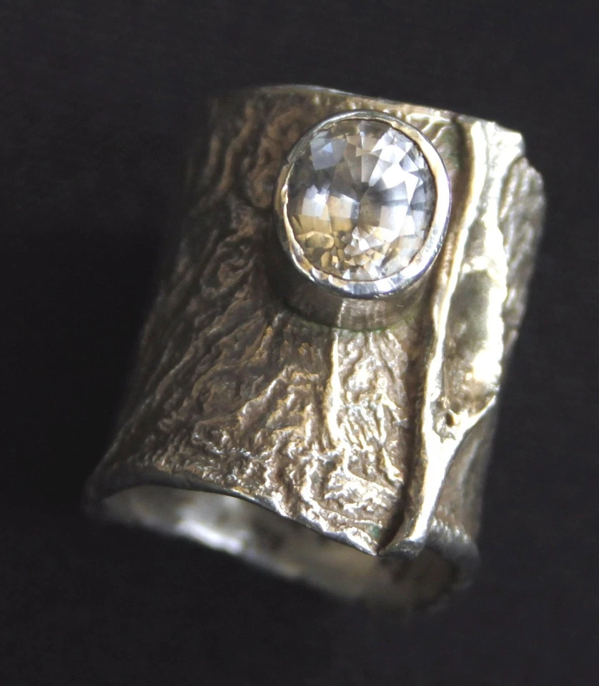 925er Silber Ring handgeschmiedet 12,6 Gramm mit Weiss-Topas Unikat Bandring 