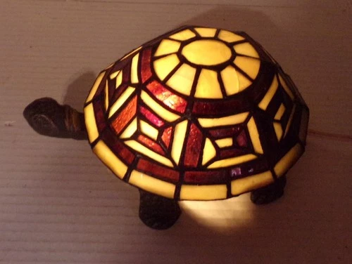Vintage Stained Glass Tiffany Style Turtle Accent Table Lamp Night Light