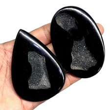 2 Pcs Natural Black Onyx Druzy Cabochon 75-76mm Large Rare Loose Gemstones Lot