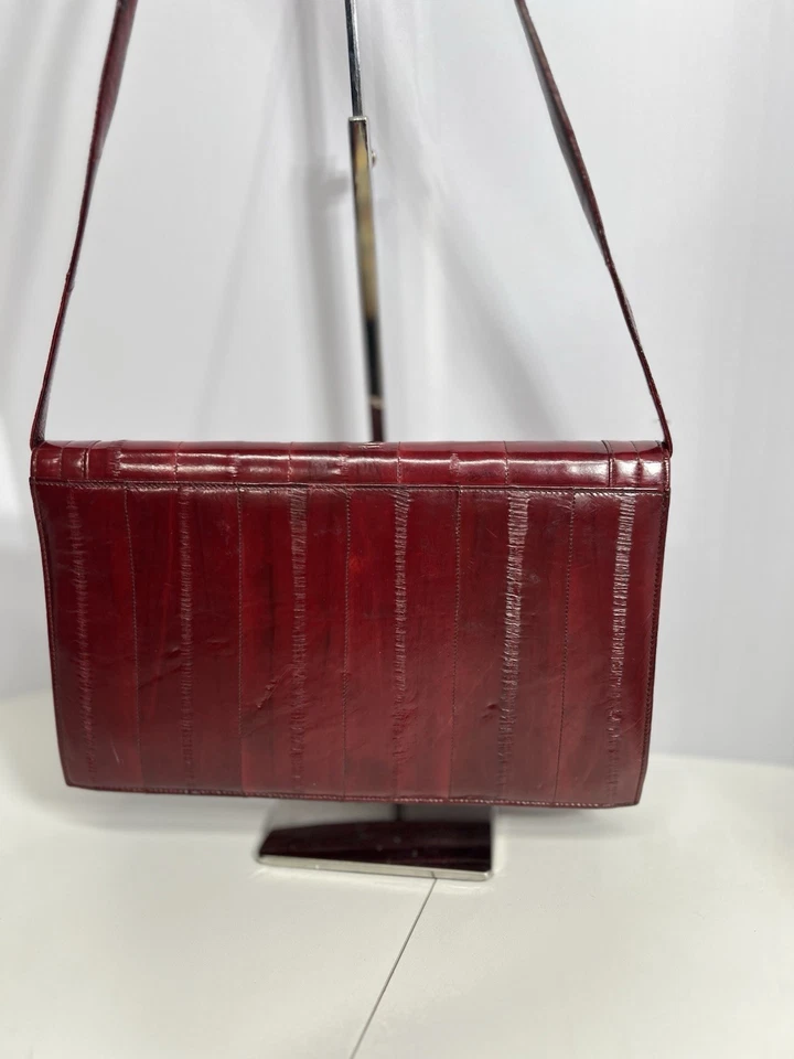 Bolso Bandolera Convertible Cuero Borgoña Rojo Piel EEL De Colección Foto 3 de 4