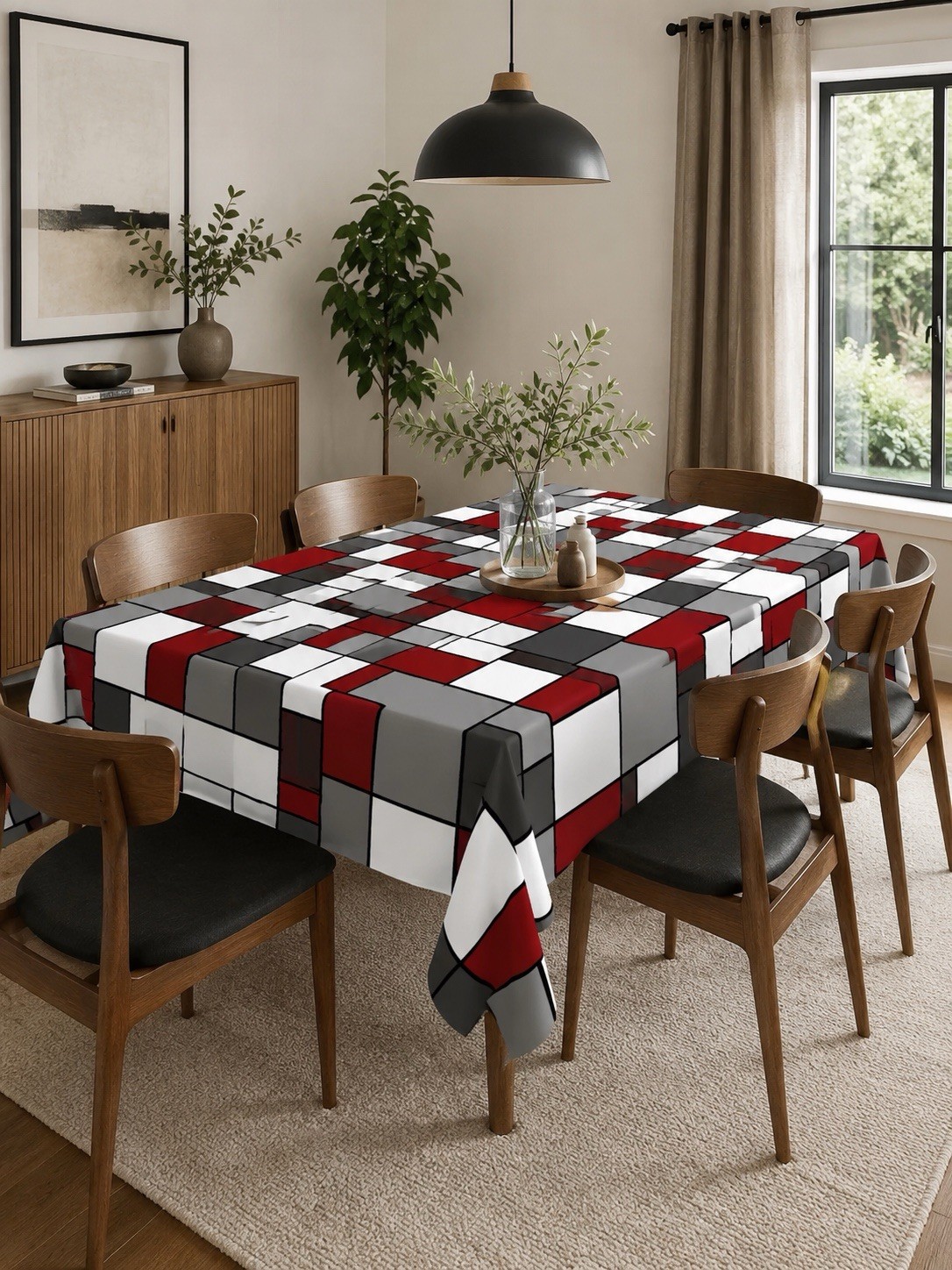 Nappe rectangulaire 140x180 rouge et gris moderne pour table de cuisine à carreaux 6 personnes