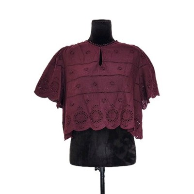 Caroline Constas Plum Eyelet Lace Cotton Crop  Flutter Sleeves Blouse Size M