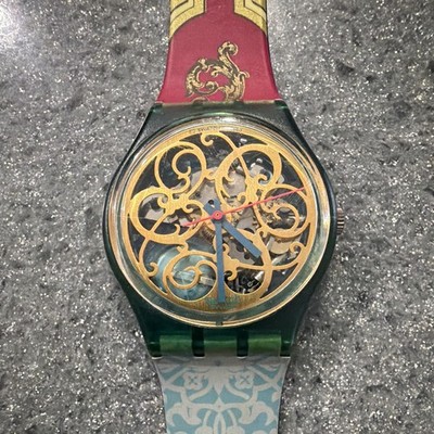 1990 Swatch Gent Stucchi GN107 skeletonized dial and baroque inspired strap