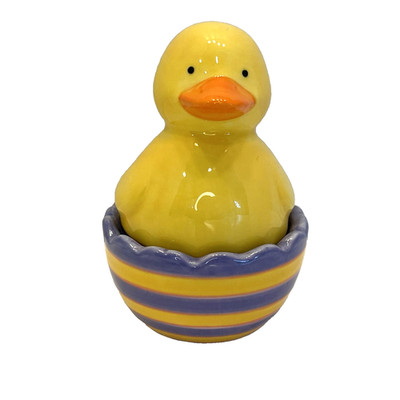 Porcelain Duckling on Egg Set Together Salt & Pepper Shakers w/Plugs Spring