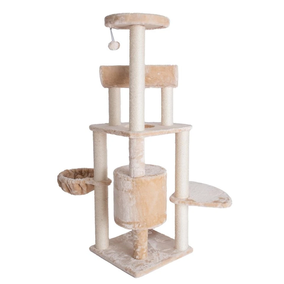Spacious Thick Fur Real Wood Cat Tower With Basket Lounge, Ramp, Beige - Image 2 of 4