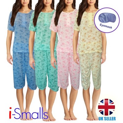 Lucky Damen Pyjama-Set Blumenmuster 3/4 Unterteil mit lila Augenmaske
