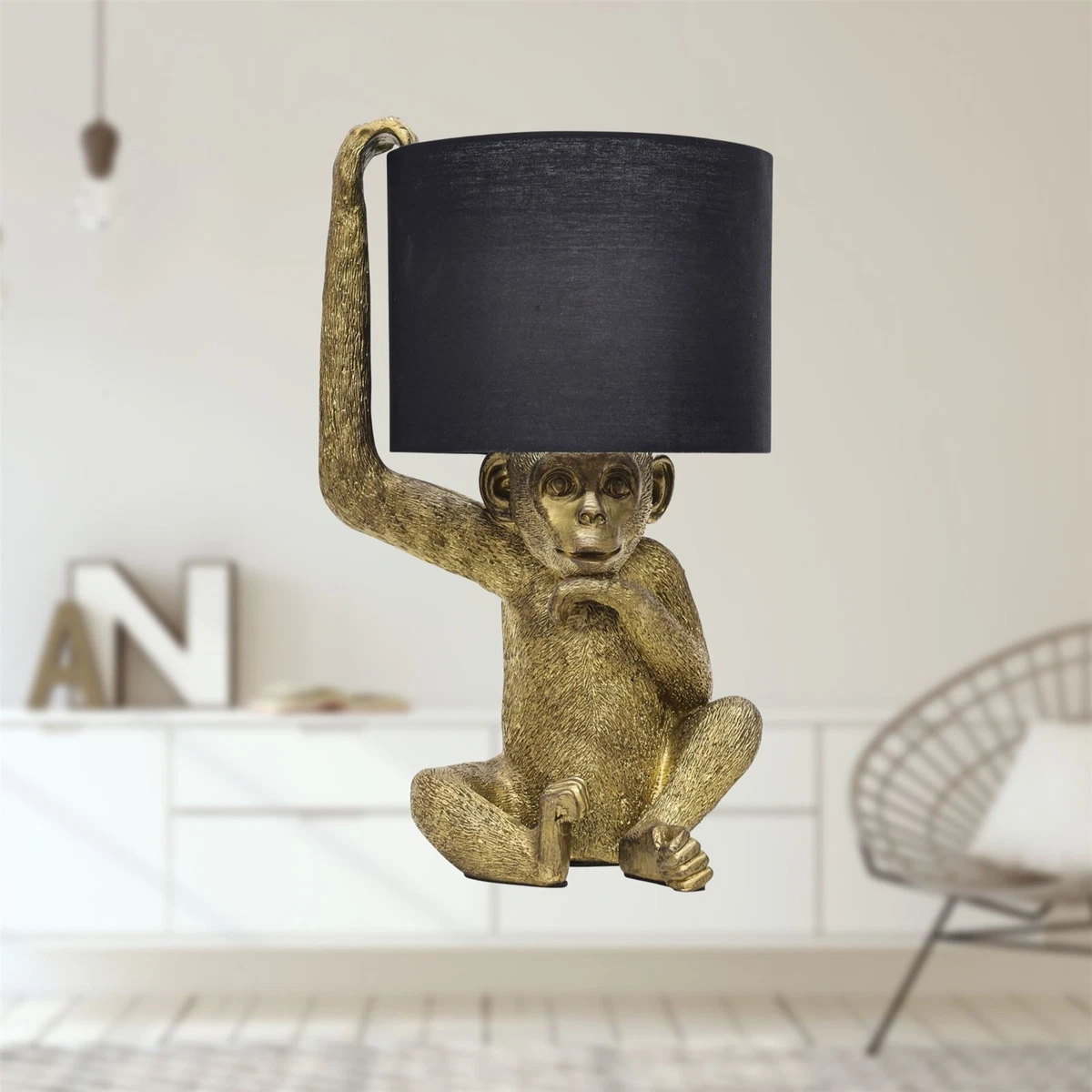 Lámpara de mesa mono dorado y negro luz de noche retro animal luz de dormitorio