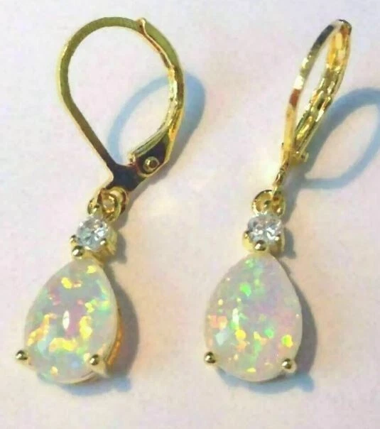 3Ct Lab Created Fire Opal Diamond Halo Drop Dangle Earrings 14k Yellow Gold Over - Image 2 of 4